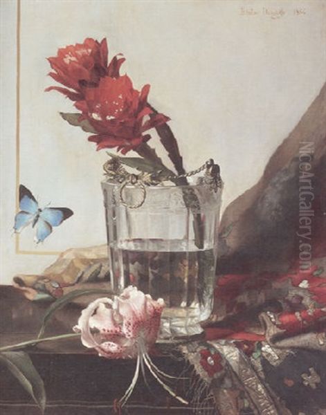 A Still Life With A Flowering Cactus In An Etched Crystal Cooler And A Butterfly Against A Gold-trimmed Wall Oil Painting by Blaise Alexandre Desgoffe