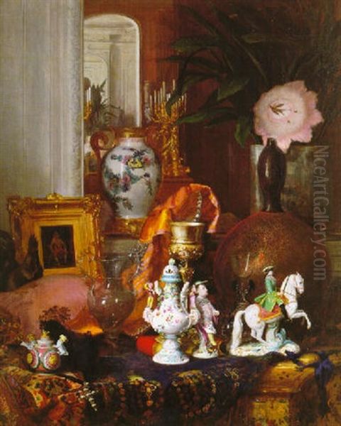 Porcelaines De Saxe, Calice, Tapis De Smyrne, Et Autres Objects De La Collection Du Comte Welles De La Valette Oil Painting by Blaise Alexandre Desgoffe