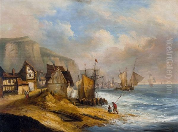 Felsige Kuste Mit Segelschiffen Und Dorf Oil Painting by Jean Baptiste Charles Desgrange