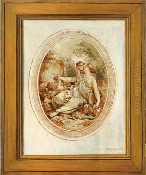 A Framed Soft-ground Etching Of Venus Feeding Grapes To Putti's Oil Painting by Jean Baptiste Charles Desgrange