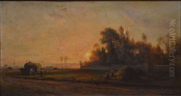 Le Repos Des Faneurs Au Coucher Du Soleil Oil Painting by Charles Felix Edouard Deshayes