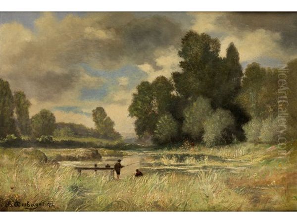 Moorlandschaft Mit Zwei Anglern An Einem Holzsteg Oil Painting by Charles Felix Edouard Deshayes