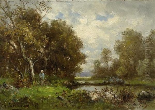 Angler Am Bewaldeten Teich Oil Painting by Charles Felix Edouard Deshayes