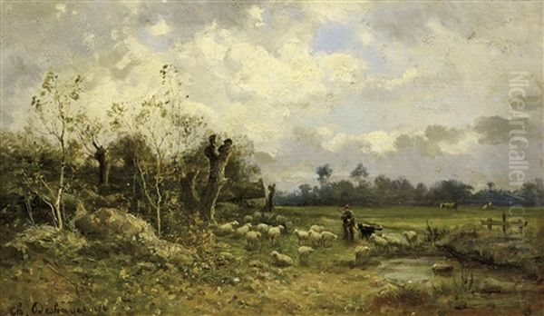 Schafer Mit Seiner Herde Am Waldrand by Charles Felix Edouard Deshayes