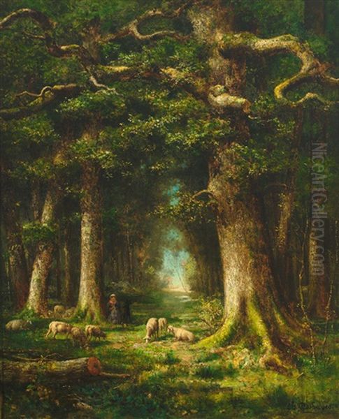 Prachtvolle Waldlandschaft Mit Weidenden Schafen Oil Painting by Charles Felix Edouard Deshayes