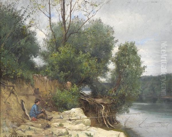 Flussuferpartie Mit Angler Oil Painting by Charles Felix Edouard Deshayes