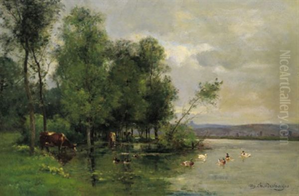 Flusslandschaft Mit Kuhen Und Enten by Charles Felix Edouard Deshayes