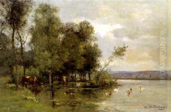 Fluslandschaft Mit Kuhen Und Enten by Charles Felix Edouard Deshayes