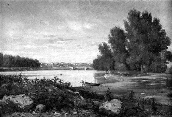 Fluslandschaft Mit Angler Oil Painting by Charles Felix Edouard Deshayes