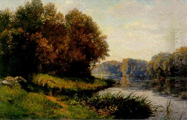 L'ile De La Jatte, Sur Les Bords De La Seine Oil Painting by Charles Felix Edouard Deshayes