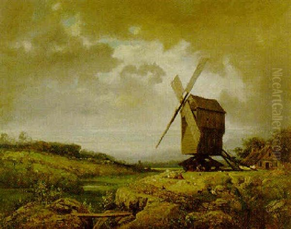 Windmill Near Paris Oil Painting by Charles Felix Edouard Deshayes