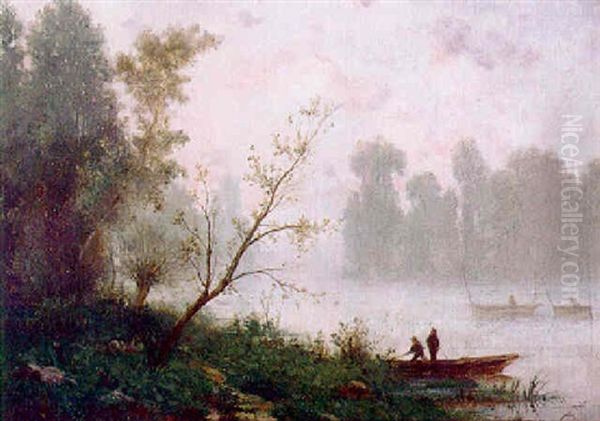 Dunstige Fluslandschaft Mit Fischerbooten Und Angelegtem Nachen Oil Painting by Charles Felix Edouard Deshayes