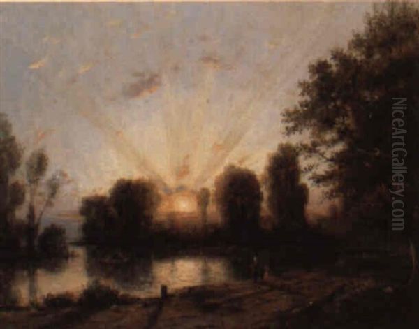 A Wooded Landscape At Sunset With Figures By A Pond Oil Painting by Charles Felix Edouard Deshayes