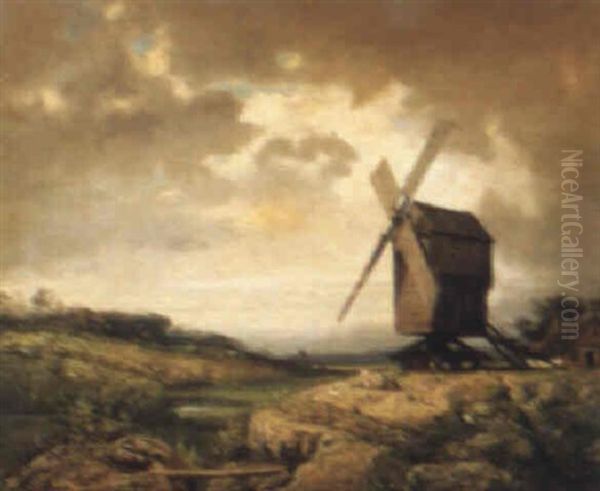 A Landscape With Windmill Oil Painting by Charles Felix Edouard Deshayes