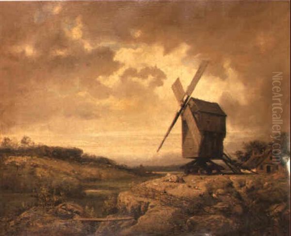 Figures Resting Before A Windmill Oil Painting by Charles Felix Edouard Deshayes