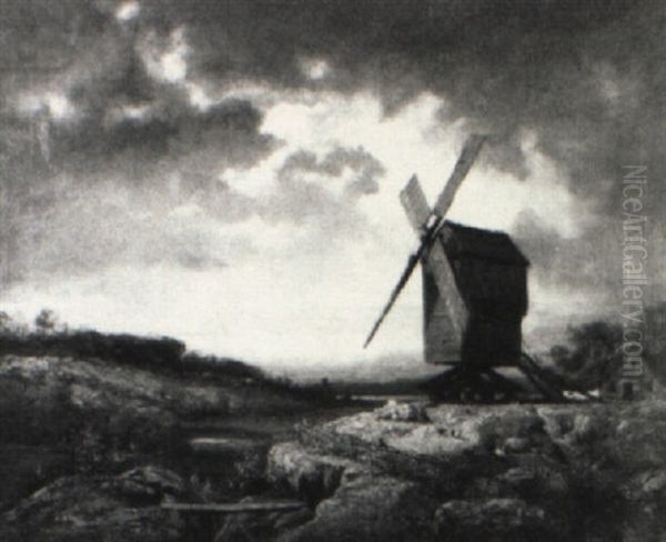 Landscape With Windmill And Figures Oil Painting by Charles Felix Edouard Deshayes