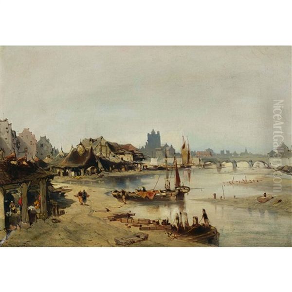 Maisons De Pecheurs Au Bord D'une Riviere Oil Painting by Eugene F. A. Deshayes