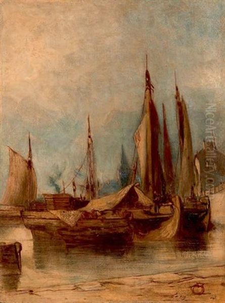 Vue D'un Port Oil Painting by Eugene F. A. Deshayes