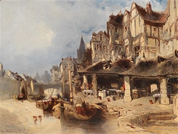 Fischmarkt Am Flussufer Oil Painting by Eugene F. A. Deshayes