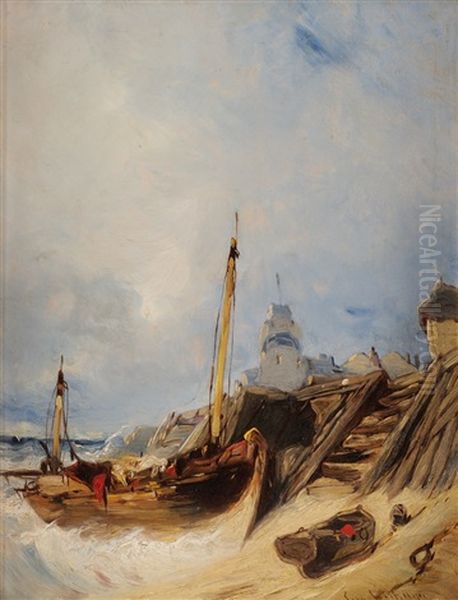 Bateaux Echoues Oil Painting by Eugene F. A. Deshayes