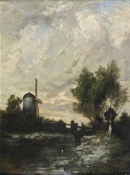 Moulin Au Bord De La Riviere Animee De Personnages Oil Painting by Eugene F. A. Deshayes