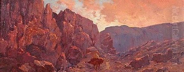 La Caravane Au Soleil Couchant Oil Painting by Eugene F. A. Deshayes