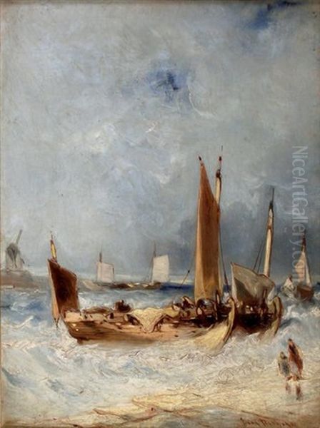 Bateaux De Peche Pres Du Quai Oil Painting by Eugene F. A. Deshayes