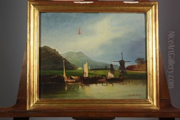 Barques A Voiles Sur Un Canal Hollandais Oil Painting by Eugene F. A. Deshayes