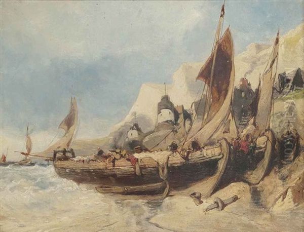 Fishing Vessels On The Shore, Brittany Oil Painting by Eugene F. A. Deshayes