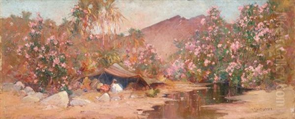 Campement Au Bord De L'oued De Bou Saada Oil Painting by Eugene F. A. Deshayes