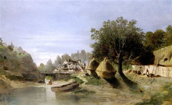 Village Au Bord De L'eau Oil Painting by Eugene F. A. Deshayes