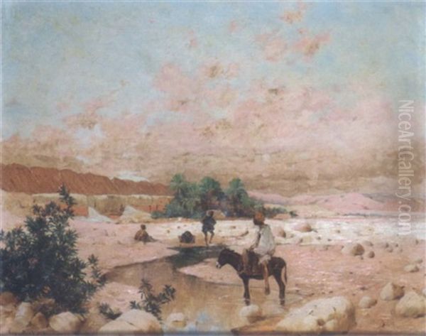 Enfants Et Ane Au Bord De L'oued Oil Painting by Eugene F. A. Deshayes