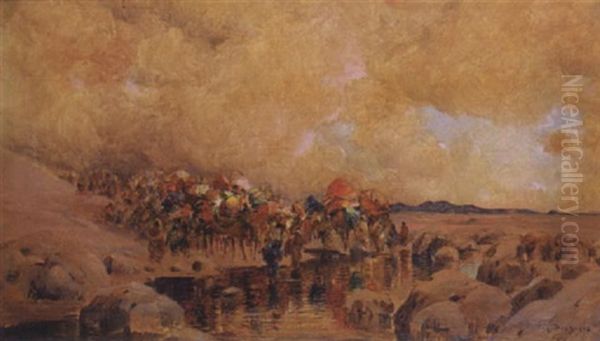 L'arrivee De La Caravane Dans L'oued Oil Painting by Eugene F. A. Deshayes