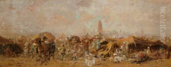 Campement D'une Caravane Devant La Ville Oil Painting by Eugene F. A. Deshayes