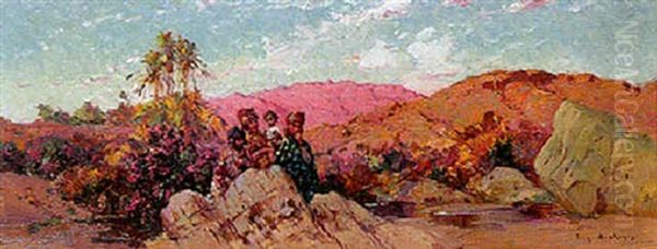 Fillettes Au Bord De L'oued Oil Painting by Eugene F. A. Deshayes