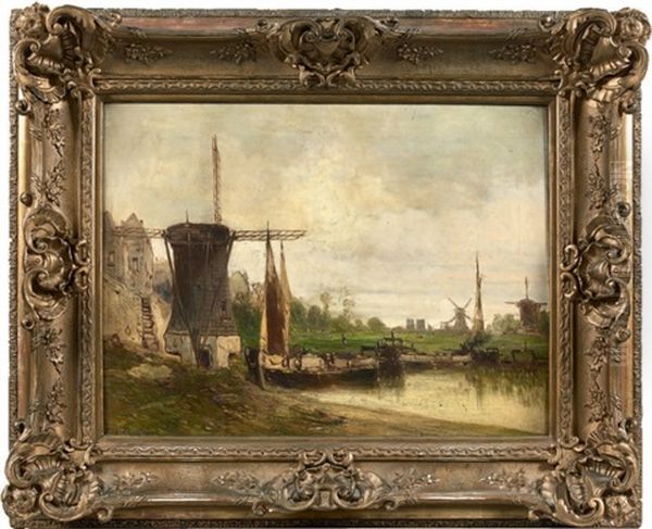 Moulins Sur Un Canal En Hollande Oil Painting by Eugene Deshayes