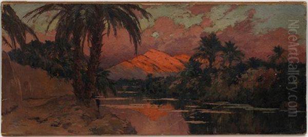 Paysage D'egypte Au Coucher Du Soleil Oil Painting by Eugene Deshayes