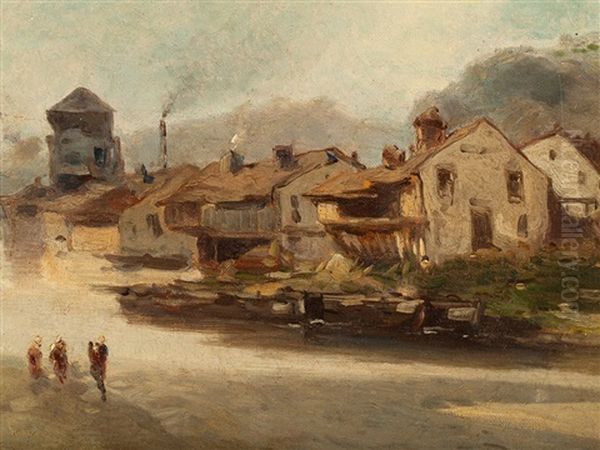 Town On The River Bank Oil Painting by Eugene Deshayes