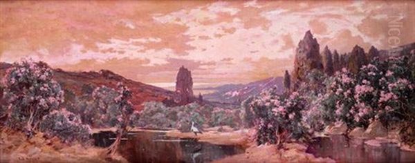 Paysage De Lauriers Roses Oil Painting by Eugene Deshayes