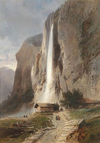 Der Staubbachfall Im Lauterbrunnental Oil Painting by Eugene Deshayes