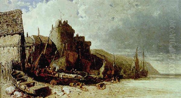 Village Et Falaises En Bord De Mer Oil Painting by Eugene Deshayes