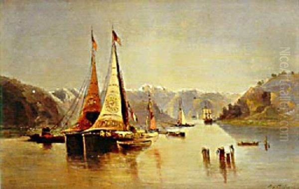 Les Voiliers Dans Les Fjords Oil Painting by Eugene Deshayes