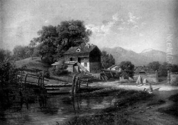 Landschaft Mit Bauernhaus Und Einer Viehtranke Im Vordergrund Oil Painting by Eugene Deshayes