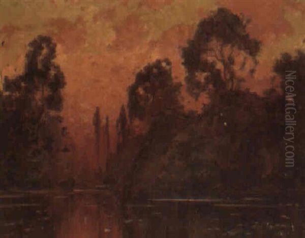 A Wooded Lake At Sunset Oil Painting by Eugene Deshayes