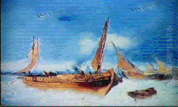 Barques De Peche A L'entree Du Port Oil Painting by Eugene Deshayes