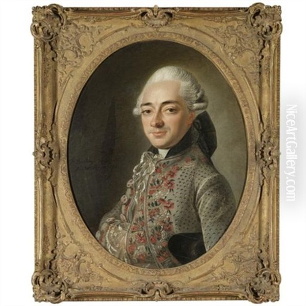 Portrait Of A Gentleman, Half-length, Wearing A Grey Tunic With A Floral Embroidered Pattern Oil Painting by Francois Bruno Deshays de Colleville