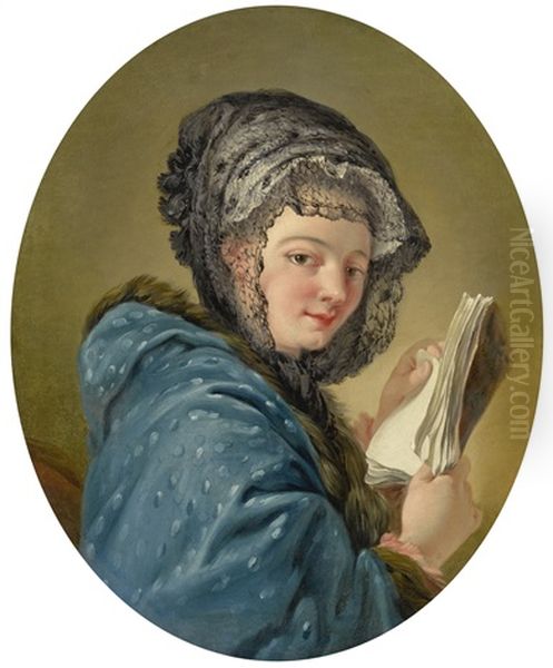 A Young Woman, Said To Be Madame Deshays, Turning Towards The Viewer And Holding A Book Oil Painting by Jean Baptiste Henri Deshays