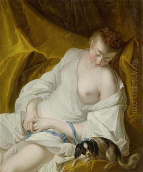 Schlafende Frau Mit Einem Hund Oil Painting by Jean Baptiste Henri Deshays