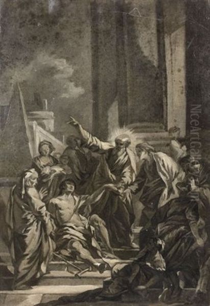 Saint Pierre Guerissant Le Paralytique, Grisaille Oil Painting by Jean Baptiste Henri Deshays