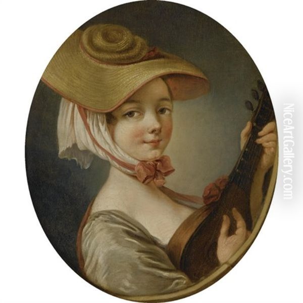 Woman With A Lute Oil Painting by Jean Baptiste Henri Deshays